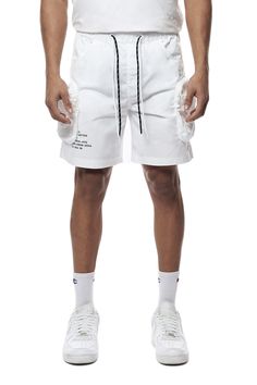 Details Fit: Lounge Color: White Material: 100% Polyester Style: WS23182 Urban Style Summer Cargo Shorts, Summer Sports Shorts With Cargo Pockets, Urban Style Cargo Shorts With Pockets For Summer, Spring Streetwear Shorts With Drawstring, Urban Style Cargo Shorts For Summer, Summer Cotton Cargo Shorts For Sports, Nylon Cargo Shorts For Summer, Summer Sports Cargo Shorts With Side Pockets, Summer Nylon Cargo Shorts With Pockets