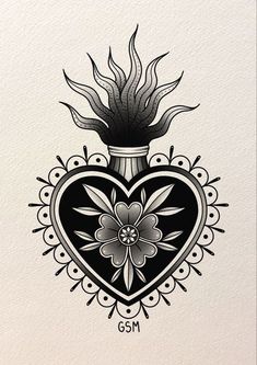 a black and white drawing of a heart shaped vase with flowers on it's side