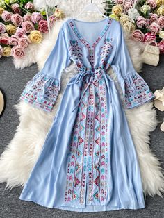 Women's Bohemian Dress Ethnic Embroidered Floral V-Neck Flared Sleeve Holiday Dress Bohemian V-neck Kaftan For Spring, V-neck Boho Dress With Boho Print For Festivals, Fitted Long Sleeve Bohemian V-neck Dress, Bohemian Fitted V-neck Long Sleeve Dress, Bohemian Fitted V-neck Maxi Dress, Summer V-neck Dress With Embroidered Hem, Fitted Bohemian V-neck Dress With Long Sleeves, Spring V-neck Dress With Multicolor Embroidery, Red V-neck Boho Hippie Dress