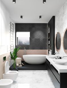 a modern bathroom with two sinks and a bathtub