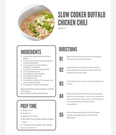 the recipe for slow cooker buffalo chicken chili is shown in this brochure