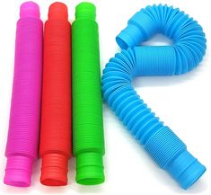 four different colored hoses are lined up together on a white surface with the letter s in the middle