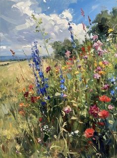 an oil painting of wildflowers in a field