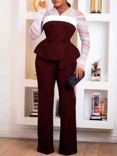 Season:Spring and Autumn、Color:Burgundy、Color:Black、Color:Green、Color:White、Color:Rose red、Pattern Type:Plain、Sleeve Length:Long sleeve、Sleeve Style:Regular、Neckline:V-Neck、Neckline:Tube top、Placket:Pullover、Elements:Button��、Length:Long、Material:Mesh、Material:Polyester、Style:Elegant、Style:Fashion、Age Group:20- to 50-year-olds、Waist Type:High waist、Silhouette:Slim、Effect:Image upgrade、Sense of Size:Fit、Scene:Commuting、Scene:Party、 Functionality:Durable、 Two Piece Outfits Pants Classy, Convocation Outfit, Blouse Pants Set, Two Piece Outfits Pants, Top Neckline, Ruffle Hem Blouse, Wide Leg Pants Outfit, Wide Leg Pant Suit, Corporate Dress