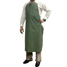 a man in an apron is standing with his hands on his hips and looking at the camera