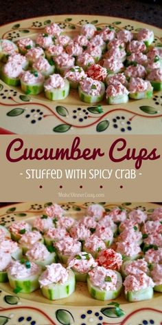 cucumber cups stuffed with spicy crab on a serving platter for desserts