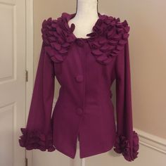 Nwt Feratelli Wool Cocktail Jacket, Size L. Rose In Color Spring Formal Outerwear With Ruffles, Spring Formal Ruffled Outerwear, Elegant Purple Outerwear For Fall, Elegant Long Sleeve Purple Outerwear, Long Sleeve Ruffled Outerwear For Formal Occasions, Formal Ruffled Long Sleeve Outerwear, Purple Formal Outerwear For Spring, Formal Purple Outerwear For Spring, Cocktail Jacket