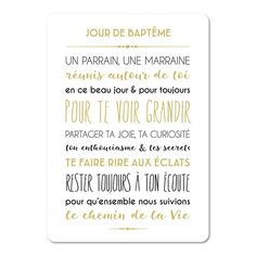 a white card with gold foil lettering and french words on the front, in different colors