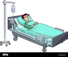 a man laying in a hospital bed with an iv attached to it