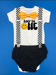 1/2 Birthday Happy OneTheme Smash the Cake Outfit Boy Birthday Outfit 4 Piece Set  Balck  Diaper Cover,Happy dude One bodysuit. yellow bowtie, and checkered suspenders. Fun White Sets For Birthday, Fun White Birthday Sets, Fun White Birthday Set, Fun White Birthday Party Sets, Playful White Sets For Birthday, White Sets With Letter Print For Birthday, Customizable White Sets For Birthday, Boys Birthday Outfits, Bodysuit Designs