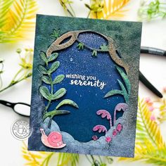 a handmade card with an image of a snail and plants on it, which reads wishing you're seventy