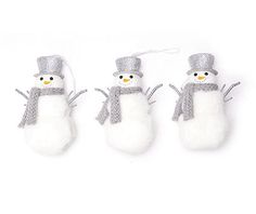 three snowmen with hats and scarfs on