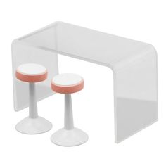 two stools and a table in white with pink accents on the top one is made out of acrylic