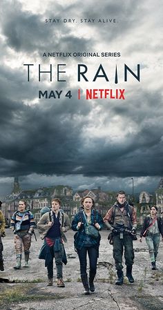 the rain movie poster with many people walking in front of dark clouds and an overcast sky