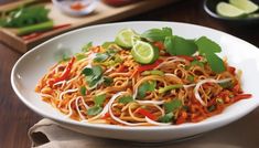 a white bowl filled with noodles and veggies on top of a wooden table