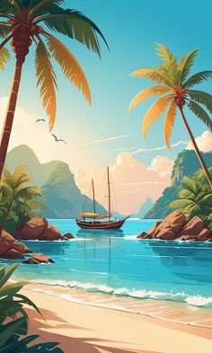 a painting of a beach with palm trees and a boat in the water near by