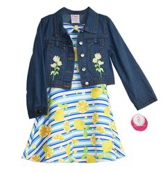 Nannette Kids Girls 2-Piece Outfit Denim Jacket A-Line Swing Dress Size 6 NEW Retail Price $59.00   ·      Your little fashionista will look super cute and comfortable wearing this sweet, adorable 2-piece set. ·      This practical dressy set provides endless mix-and-match possibilities, so your little darling will be ready in no time for all her daily activities. ·      Denim jacket adorned with floral applique and bows. ·      The dress in vibrant colors and fun print is suitable to wear all s Cute Fitted Summer Outerwear, Playful Denim Dress For Spring, Cute Long Sleeve Denim Jacket For Spring, Playful Denim Outerwear For Spring, Outfit Denim Jacket, Outfit Denim, Floral Applique, Daily Activities, Denim Outfit