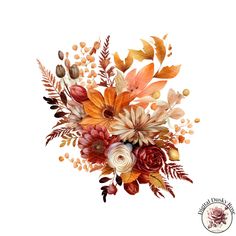 an arrangement of flowers and leaves is shown on a white background with the words autumn written below it