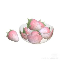 a painting of strawberries in a bowl on a white background with green stems and leaves