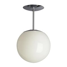 a white ball hanging from a ceiling light with a metal frame and round glass shade