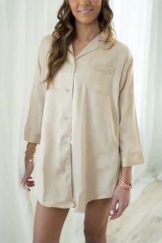 Champagne Satin Sleep Shirt – Spikes and Seams Satin Sleepwear With Open Front, Bridesmaid Sleep Shirt, Party Sleepwear With Satin Finish And V-neck, Satin Finish V-neck Sleepwear, Button-up Cotton Sleepwear For Pajama Party, Bridal Party Robes, Wedding Robe, Satin Pajamas, Sleep Shirt