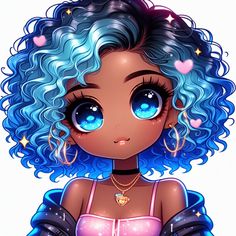 a cartoon girl with blue hair and big eyes