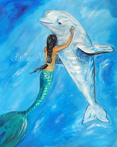 a painting of a mermaid hugging a dolphin