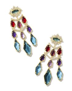 Bring all the drama when you wear the Alexandria Gold Tiered Statement Earrings in Multi Mix. A jaw-dropping assortment of tiered stones, these retro-inspired statements earrings are a shimmering showstopper—and practically begging to be styled for your next formal event. Metal 14k Gold Over Brass Material White CZ, Dark Teal Glass, Purple Clear Glass, Red Glass Closure Ear Post Size 2.76"L X 1.42"WDue to the one-of-a-kind nature of the medium, exact colors and patterns may vary slightly from th Kendra Scott Store, Alexis Bittar Jewelry, Gold Statement Earrings, Statement Drop Earrings, The Drama, Drop Earring, Girls Earrings, Brass Material, Multi Stone