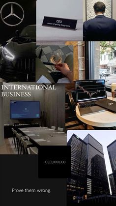 a collage of photos with the words international business written in black and white on them