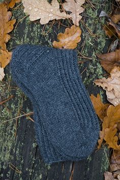 a pair of blue knitted socks laying on top of leaf covered ground next to fallen leaves