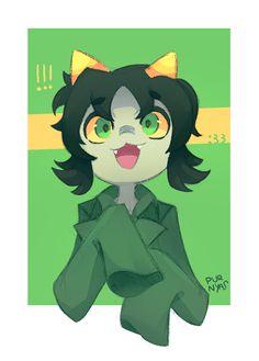 a drawing of a cat girl with green eyes and black hair wearing a green shirt