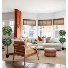 a living room filled with lots of furniture next to two windows and potted plants