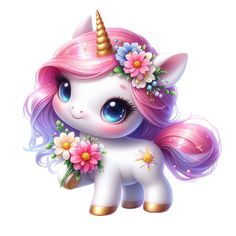 a cute unicorn with flowers on its head and pink hair is standing in front of a white background