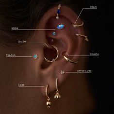 an ear with different types of piercings on it