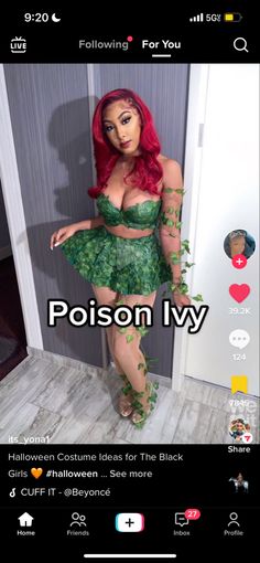 a woman with red hair and green dress posing in front of a door, text reads poison ivy halloween costume ideas for the black girls