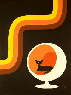 a black cat sitting on top of a chair in front of an orange and black background