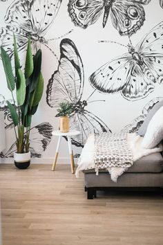 a living room with a couch, plant and butterfly wallpaper