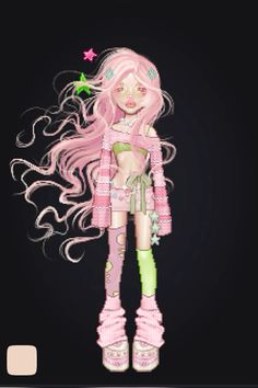 a digital drawing of a girl with pink hair and green pants, standing in front of a black background