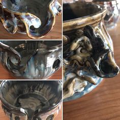 four different pictures of an animal head on a vase