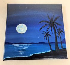 a painting of palm trees and the ocean at night