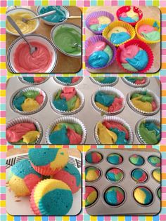 cupcakes with different colored frosting in tins