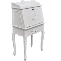 a white wooden cabinet with drawers on it's legs and an ornate design at the top