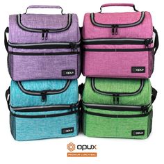 four pieces of luggage are stacked on top of each other, one is purple and one is green