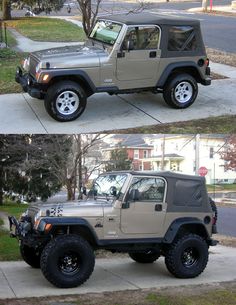 two pictures of the same jeep parked in front of a house