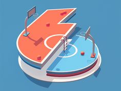 a 3d rendering of a basketball court with an arrow pointing to the hoop and several balls around it