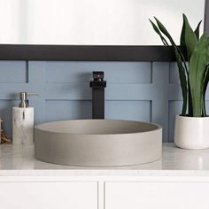 a white sink sitting on top of a counter next to a potted green plant