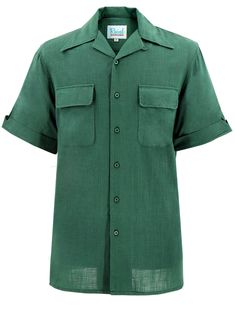 "Based on original photographs and patterns from the 1940s and 1950s, we offer this pure cotton leisure shirt for warmer weather and more casual occasions. This racing green shirt is an authentic relaxed, open-neck day shirt for those who wish to emulate the fashion of the forties and fifties. Loop and button decor. The fabric is 100% quality cotton. Two patch chest pockets with flaps that have rounded edges. There is a yoke stitched across the back shoulders. The short sleeves have a stitched cuff with central notch detail.  Approx 10\" long. Small slits at the side seams. Care: Machine wash 30 degrees - warm iron. Measurements - Available in 5 sizes.  Small  Chest Best Fit 38-40\" (97-102cm)   Shoulder Width 18\"  Length 29\" ------------------------------------------------  Medium Chest Camp Shirts, Button Decor, Open Neck, Racing Green, Retro Men, Bowling Shirts, Casual Summer Shirts, Green Shirt, Mens Oxfords