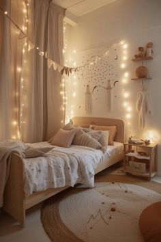 a bedroom with lights strung from the ceiling