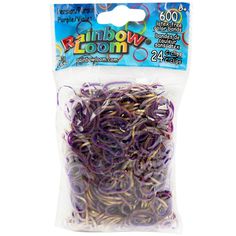 the rainbow loom bag is filled with purple and gold colored rubber bands, which are also