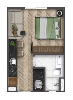 an overhead view of a small bedroom and living room